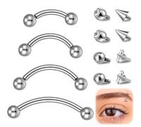 Neyauo 4 PCS Eyebrow Piercing Jewelry, Surgical Steel Curved Barbell Internally Threaded with CZ Tiny Gem, Vertical Labret Lip Rook Daith Helix Tragus Navel Ring for Women Men (Silver, 6-12MM)