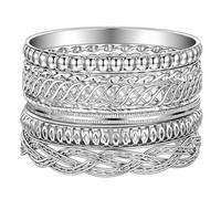 Neyauo 7 Pcs Silver Bangles Bracelets for Women, Boho Chunky Stackable Bracelet Set with Textured Designs, Vintage Multi Layer Jewelry Set for Wedding, Festival, Beach & Daily Wear