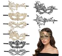 Neyauo 8PCS Lace Masquerade Mask For Women, Lightweight Design Adults Masquerade, Venetian Mask with Adjustable Ribbon Straps For Halloween Costume Prom Ball Party Wedding Cosplay(Black and Gold)