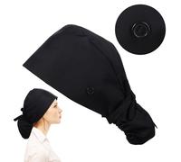 Neyauo Adjustable Working Caps with Button, Cotton Chef Hats, Unisex Hair Cover for Cooking, Women Ponytail Pouch Hats for Working Black