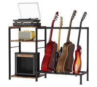 NEYCIL Guitar Stand for 4 Guitars, Adjustable Multiple Guitars Rack with Soft-Padded Protector for Acoustic, Electric, Bass & Ukulele, Guitar Display Stand with 3-tier Shelves for Amp & Vinyl Records