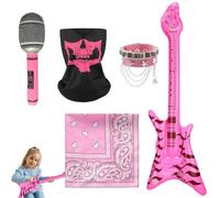 Neyeau 5 PCS Rockstar Fancy Dress Kids, Pink Rockstar Costume, Retro Fashion Rock Star Fancy Dress Kids, Including Bracelet Microphone Bass Bandana Mask, Suitable for 80s Party Dance