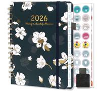 NEYSA A5 Diary 2026 Week to View - Jan- Dec 2026 (12 months) - Weekly Monthly Academic Planner With Pen Loop, Plan Stickers,Monthly Tabs, Back Pocket,Spiral Bound, 1 Week On 2 Pages(White-flower)
