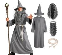 nezababy 4pcs Men's Wizard Costume Halloween Magician Outfit for Adults | Long Sleeve Medieval Robe, Wizard Hat, Grey Wig, Beard, Rope Belt, Halloween, Carnival, Cosplay, Fantasy Parties
