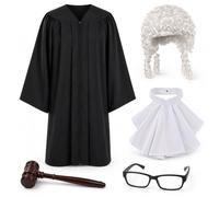 nezababy 5Pcs Halloween Judge Costume Adult Accessories Black Judicial Robe Wig Collar Bands Gavel Glasses Courtroom Cosplay Outfit
