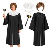 nezababy 5Pcs Halloween Judge Costume Adult Accessories Black Judicial Robe Wig Collar Bands Gavel Glasses Courtroom Cosplay Outfit