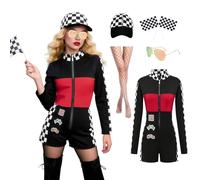 nezababy 6Pcs Race Car Driver Costume Women Racing Driver Bodysuit Pit Crew Outfit Sexy Halloween Dress Adult (Red, M)