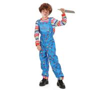 Nezababy Chucky Jumpsuit - Killer Cosplay Overalls with Rainbow Striped Suspenders - Scary Chuckie Costume for Boys (M/130)