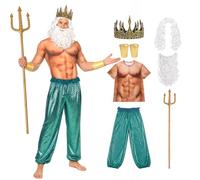 nezababy Poseidon Costume Men Adult Sea King Outfit with Crown Wig Beard Trident Shirt Pants Halloween Cosplay Ocean God Fancy Dress，Medium