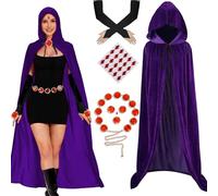nezababy Raven Costume Titans Velvet Raven Cape Purple Cloak Red Gem Belt Gloves Halloween Carnival Anime Cosplay Outfit (M(150 cm))