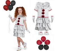 nezababy Scary Clown Costume Girls Evil Jester Outfit with Gloves Covers Balloons Horror Halloween Demon Killer Cosplay Prop (Sliver, 140)