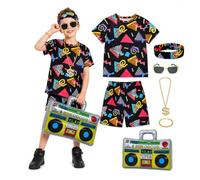 nezafly 7Pcs Kids 80s 90s Outfits Boys Hip Hop Rapper Costumes Accessories | Disco fancy dress, T-shirt, shorts, headband, shades, chain, bracelet, inflatable boombox, dance party, Halloween, cosplay
