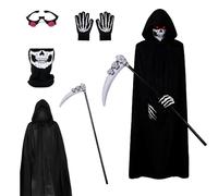 nezafly Grim Reaper Halloween Costume, Halloween Skeleton Reaper Fancy Dress Black Cloak Set with Glowing Glasses, Death Costume Party Cosplay Accessories for Adults