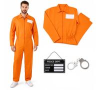 nezafly Orange Prisoner Jumpsuit Adult Prison Costume Jail Inmate Outfit | convict uniform set, police board, handcuffs, number decals, tattoos, unisex style, Halloween cosplay accessories，prison suit