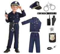 nezafly Police Costume Kids Policeman Officer Uniform Outfit Accessories Set with Shirt Pants Hat Handcuffs for Children Boys Halloween Cosplay Dress Up Prop