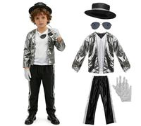 nezafly Pop Super Star Costume Kids Musician Fancy Dress 80s Retro Silver Jacket Pants Hat Glasses Glove Disco Outfit Halloween Cosplay Clothing Stage Performance Dancewear