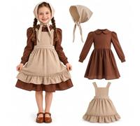 nezafly Victorian Costume Girl Maid Apron Dress Kids Medieval Poor Outfit | Bonnet, Vintage Village Peasant Cosplay, Colonial Prairie Fancy Dress, Historical School Event, Halloween, World Book Day