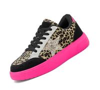 nezhrqet Women Low Top Leopard Print Skate Shoes, Gold Glitter Star Patchwork Sneakers, Neon Hot Pink Thick Platform Non Slip Lace Up Casual Walking Street Trainers