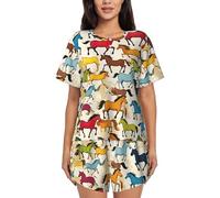 NEZIH Colorful Cartoon Horses Pajamas Set Womens Short Sleeve Loungewear Soft Tee Top And Shorts Sleepwear 2 Piece Pj Sets, Multi-color, S