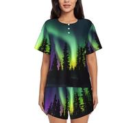 NEZIH Dark Northern Lights Print Pajamas Set Womens Short Sleeve Loungewear Soft Tee Top And Shorts Sleepwear 2 Piece Pj Sets, Black, XL