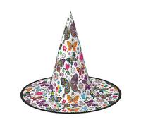 NEZIH White Floral Pattern Colorful Butterflies Print Halloween Hat Accessory Adults Costume Party Cone Witch Hat Women, Kids, Girls, Boys