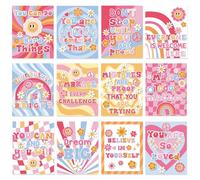 Nezyo 12 Pcs Retro Groovy Classroom Posters, Boho Hippie Flowers Bulletin Board Decor Educational Poster Mindset Posters for Nursery Bedroom School (Pink Groovy)
