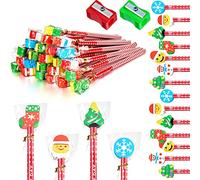 Nezyo 24 Pcs Christmas Pencils with Eraser Tips and 2 Pcs Pencil Sharpeners for Kids Wooden Christmas Pencils with Erasers Stationery Gift Set for Xmas Stocking Filler Gifts
