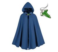 NFAOEGJ Medieval Costume Cloak with Hood, Men Renaissance Hooded Cape with Green Leaf Brooch Necklace, for Halloween Cosplay Dress Up (Blue)
