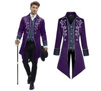 NFAUEIK Men's Medieval Steampunk Jacket Victorian Coat Renaissance Renaissance Tailcoat Halloween Costume, Purple, S