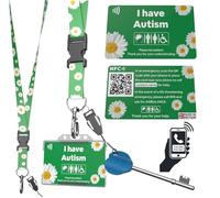 NFC I am Autistic/I Have Autism ID, Custom Printed/Phone Number QR Code, NFC All Printed & Coded, Name Printed on Rear of Card, White Daisy Flower, with Premium Green Lanyard/Flower Lanyard