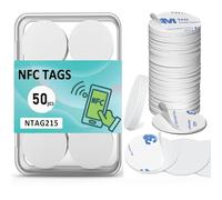 NFC Tags Sticker 50Pcs, NTAG215 Chip NFC Stickers Coin Card with Adhesive Back, RFID Stickers Rewritable, 504 Bytes Memory, Programmable NFC Blank Card Compatible with TagMo and Amiibo