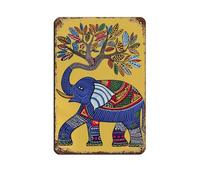 NFFBGFD Indian Elephant Print, Tribal Gond Ar Tin Sign Vintage Metal Pub Club Cafe Bar Home Wall Art Decoration Poster Retro 8x12inch(20x30cm)