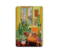 NFFBGFD Orange Cat Living Room Print Cat Poster Boho Plants Tin Sign Vintage Metal Pub Club Cafe Bar Home Wall Art Decoration Poster Retro 8x12inch(20x30cm)