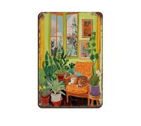 NFFBGFD Orange Cat Living Room Print Cat Poster Boho Plants Tin Sign Vintage Metal Pub Club Cafe Bar Home Wall Art Decoration Poster Retro 8x12inch(20x30cm)