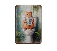 NFFBGFD Orange Cat On A Toilet Print Retro Poster Metal Tin Sign Chic Art Retro Iron Painting Bar People Cave Cafe Family Garage Poster Wall Decoration 8x12inch(20x30cm)