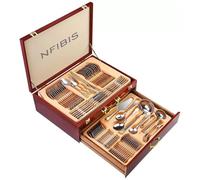 NFIBIS 72-Piece Gold Cutlery Set, Stainless Steel, Luxury Dinner Service with Wooden Canteen Box, Complete Table Setting for 12 Diners