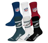 NFL Unisex Socks, Pack of 6 Teams, 6 Pack Crew Socks, Football, Logo, Cotton Blend, Philadelphia Eagles Mix, 43-46