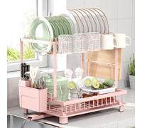 Nfnoyp Dish Drainer Rack, 2 Tier Dish Drainer Rack Multifunctional, Rustproof Dish Racks with Drainboard, Space-Saving Utensil & Cup Holder for Kitchen Counter, Pink