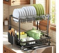 Nfnoyp Dish Drainer Rack, 2 Tier Dish Drainer Rack Multifunctional, Rustproof Dish Racks with Drainboard, Space-Saving Utensil & Cup Holder for Kitchen Counter, Black