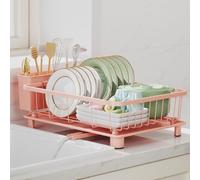 Nfnoyp Dish Drainer Rack - Space-Saving Dish Rack,Dish Racks for Kitchen Counter with Drip Tray,Multi-Functional Dish Drying Rack with Utensil Holder,Pink