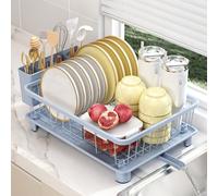 Nfnoyp Dish Drainer Rack - Space-Saving Dish Rack,Dish Racks for Kitchen Counter with Drip Tray,Multi-Functional Dish Drying Rack with Utensil Holder,Blue