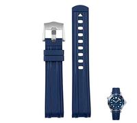 NFRFK For Omega Seamaster 300 universe 007 Curved End Fluorous Rubber silicone watchband 20mm 22mm Watch Soft strap Men Replacement(Blue silver,20mm)