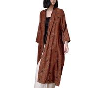 NFYM Lightweight Kimono Jacket Printed Cotton Yarn Tie Front Vintage Loose Cardigan, coffee, One size