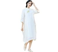 NFYM Linen Cheongsam Dress for Women Spring Knee Length Long Elegant Embroidered Retro Tunic Clothing, White, XX-Large