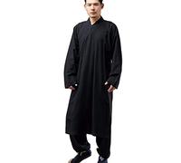 NFYM Men Shaolin Monk Kung fu Robe Costume Cotton Linen Long Gown Meditation Suit Zen Buddhist Vest, Black, Large