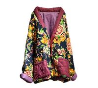 NFYM Women Chinese Ethnic Northeast Large Flower Quilted Jacket Patchwork Open Front Soft Cotton Padded Outwear, Black Peony, One size