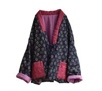 NFYM Women Chinese Ethnic Northeast Large Flower Quilted Jacket Patchwork Open Front Soft Cotton Padded Outwear, Navy Red, One size