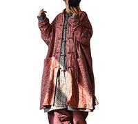 NFYM Women Cotton Linen Loose Windbreaker Button Down Vintage Print Retro Long Coat with Pockets, Red, One Size