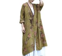 NFYM Women Lightweight Kimono Jacket Cotton Yarn Printed Tie Up Vintage Loose Cardigan Open Front Trench Coat Outerwear, Green, One Size
