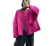 NFYM Women Quilted Lightweight Coat Round Neck Linen Padded Spring Loose Short Frog Button Jacket, Rose Red, One size